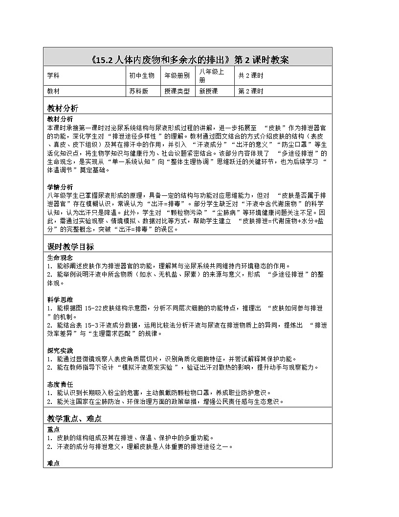 《15.2 人体内废物和多余水的排出（第二课时）》教学设计（表格版）-2025-2026学年苏科版（2024）生物八年级上册第1页