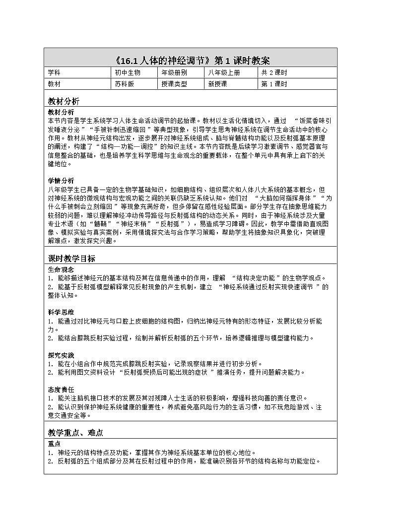《16.1 人体的神经调节（第一课时）》教学设计（表格版）-2025-2026学年苏科版（2024）生物八年级上册第1页