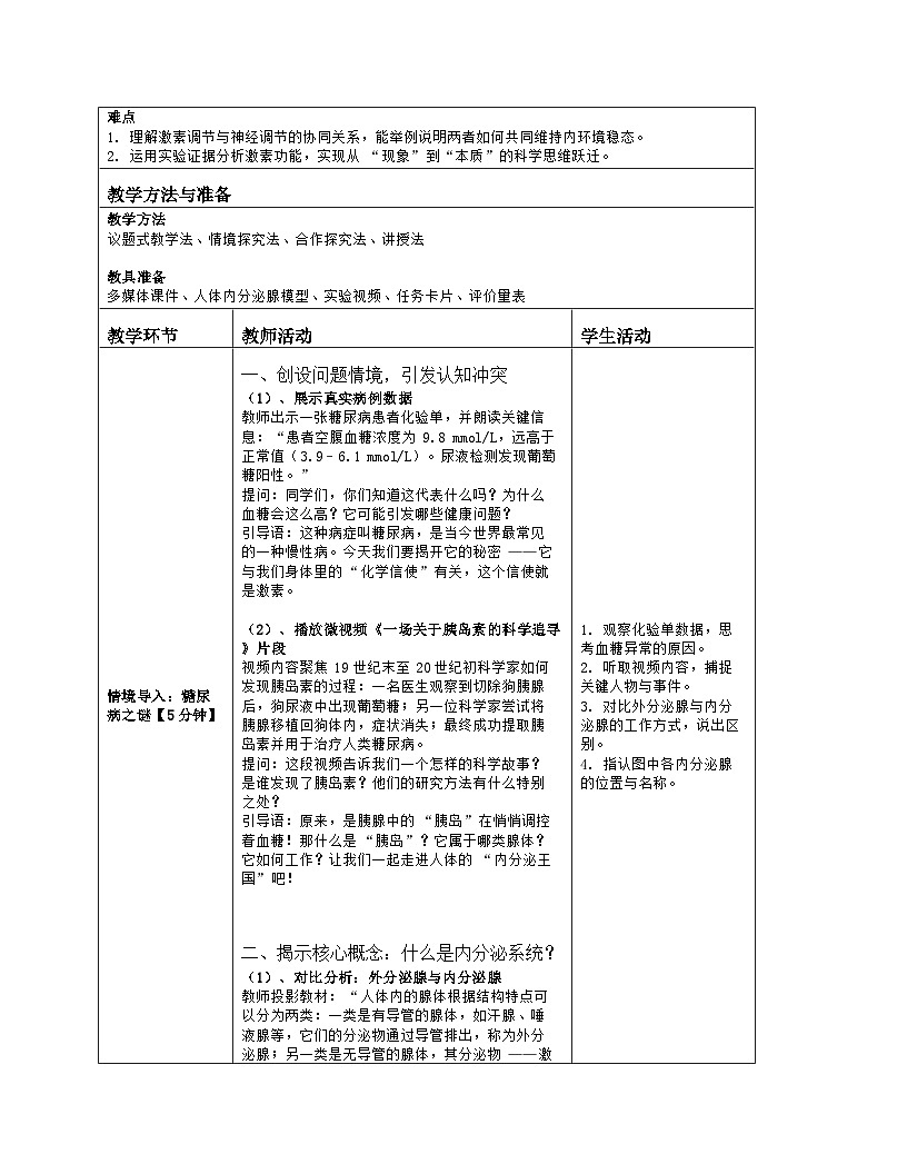 《16.3 人体的激素调节（第一课时）》教学设计（表格版）-2025-2026学年苏科版（2024）生物八年级上册第2页
