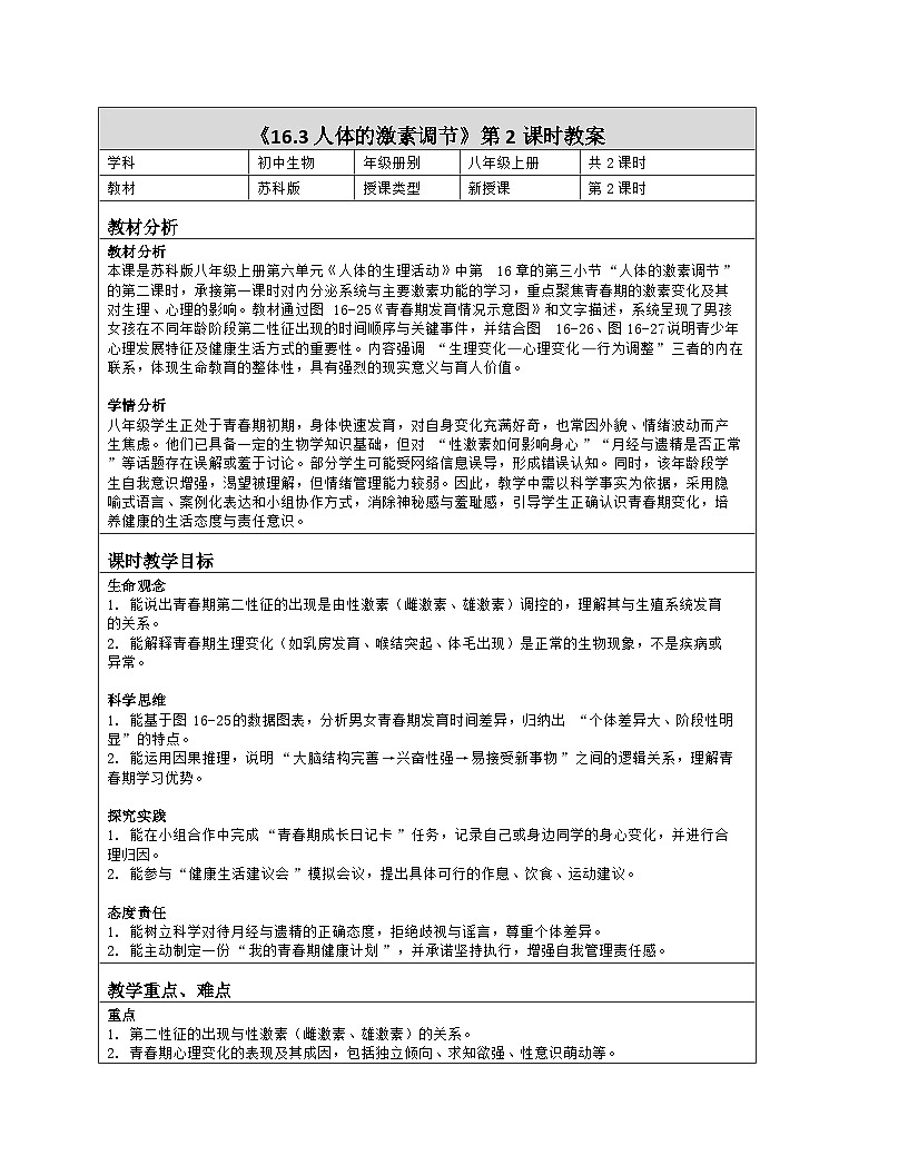 《16.3 人体的激素调节（第二课时）》教学设计（表格版）-2025-2026学年苏科版（2024）生物八年级上册第1页