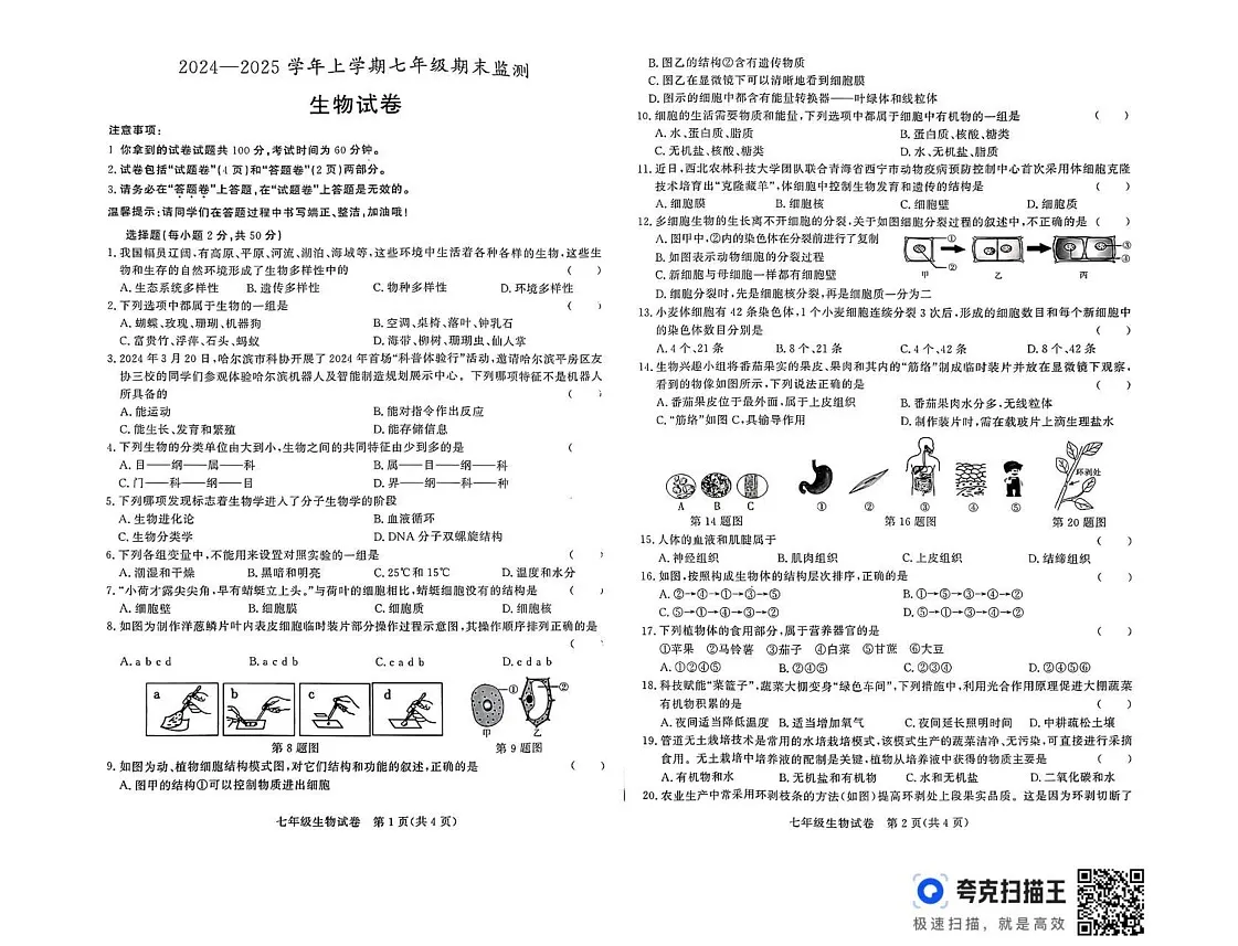 安徽省阜阳市太和县2024-2025学年七年级上学期期末考试生物试卷第1页
