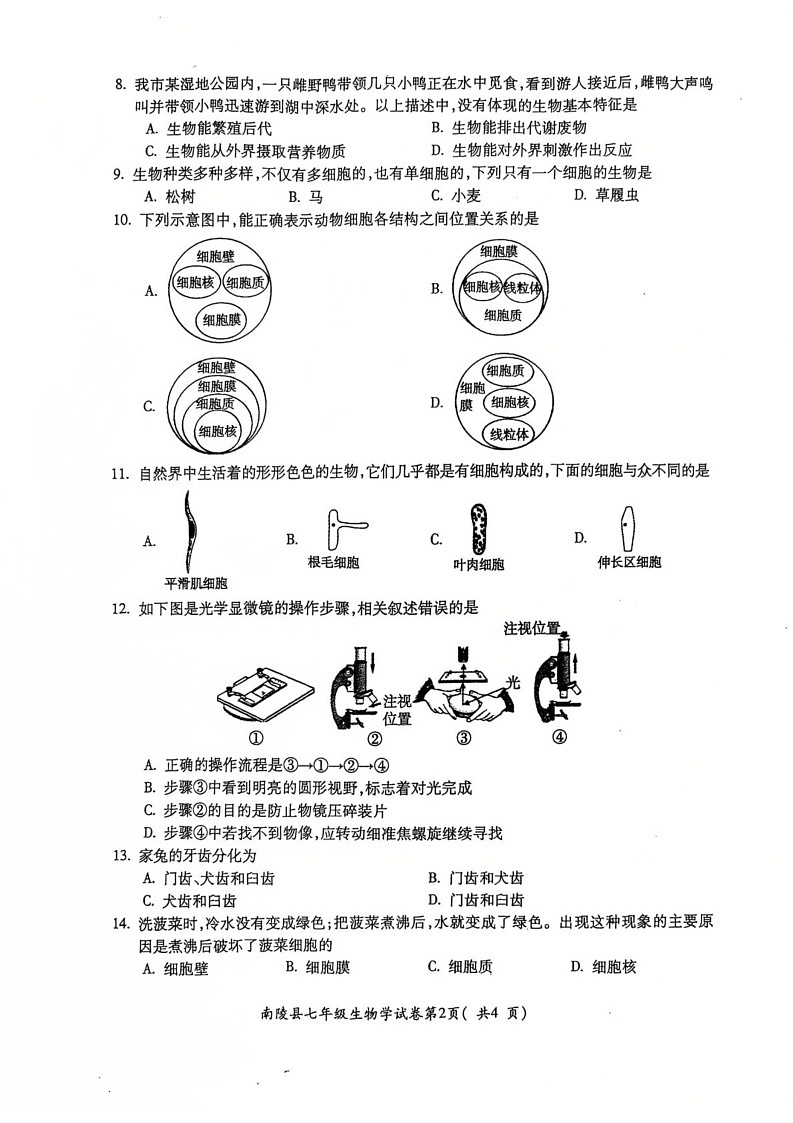 安徽省芜湖市南陵县2024-2025学年七年级上学期1月期末生物试题第2页