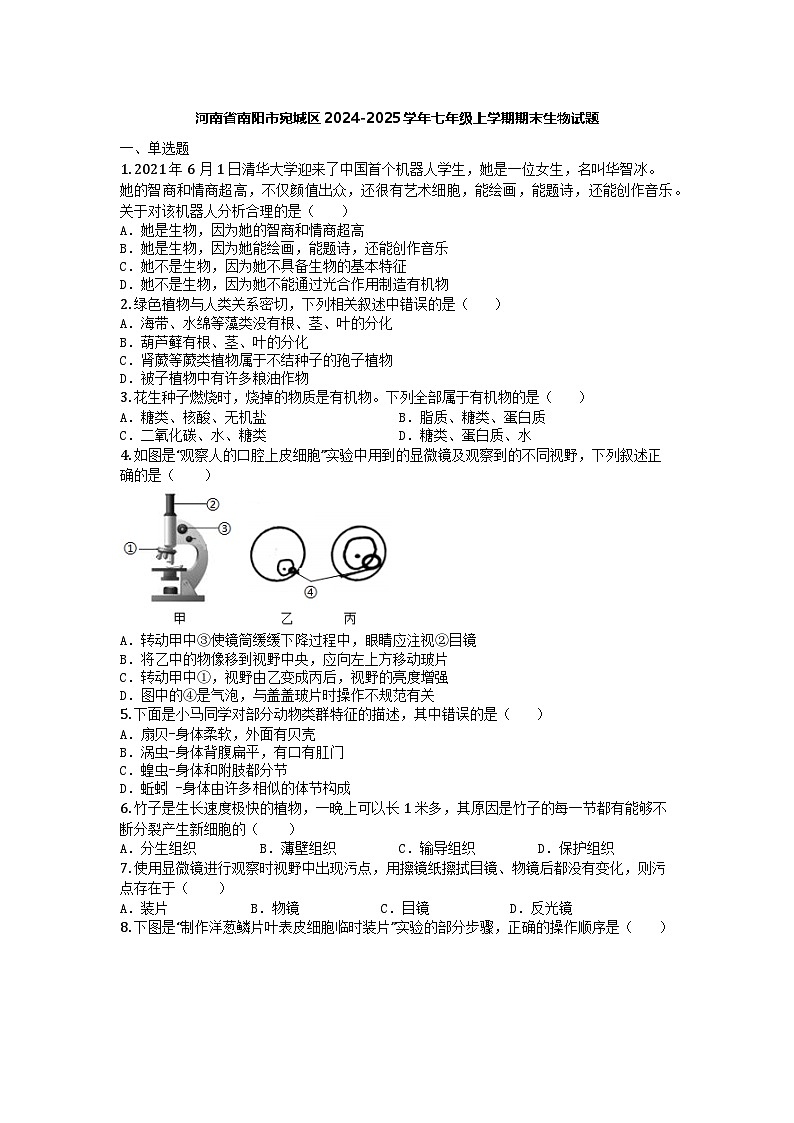 河南省南阳市宛城区2024-2025学年七年级上学期期末生物试题第1页