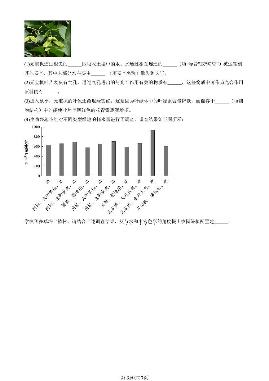 2023-2025北京初一（下）期末生物汇编：植物体内的物质运输（京改版）第3页
