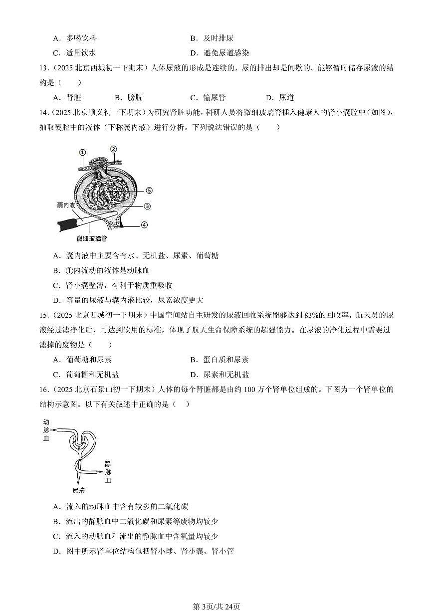 2025北京初一（下）期末生物汇编：生物的排泄章节综合（京改版）第3页