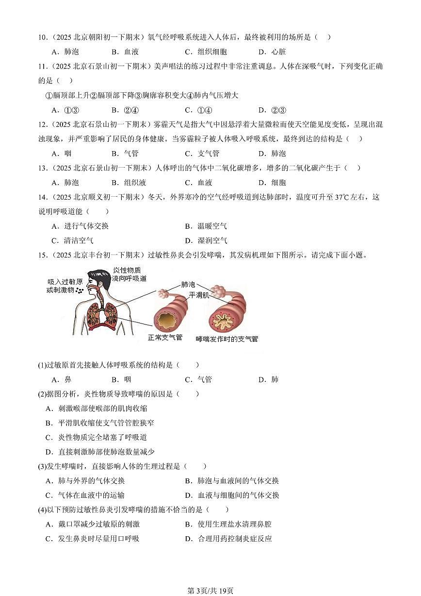 2025北京初一（下）期末生物汇编：生物的呼吸章节综合（京改版）（选择题）1第3页