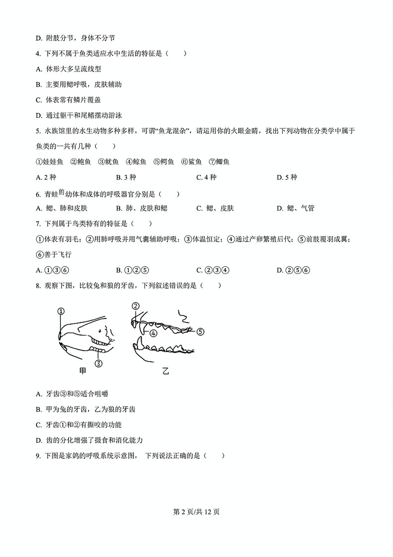 2024-2025学年广州市白云区八年级上学期期末生物试卷（含答案）第2页