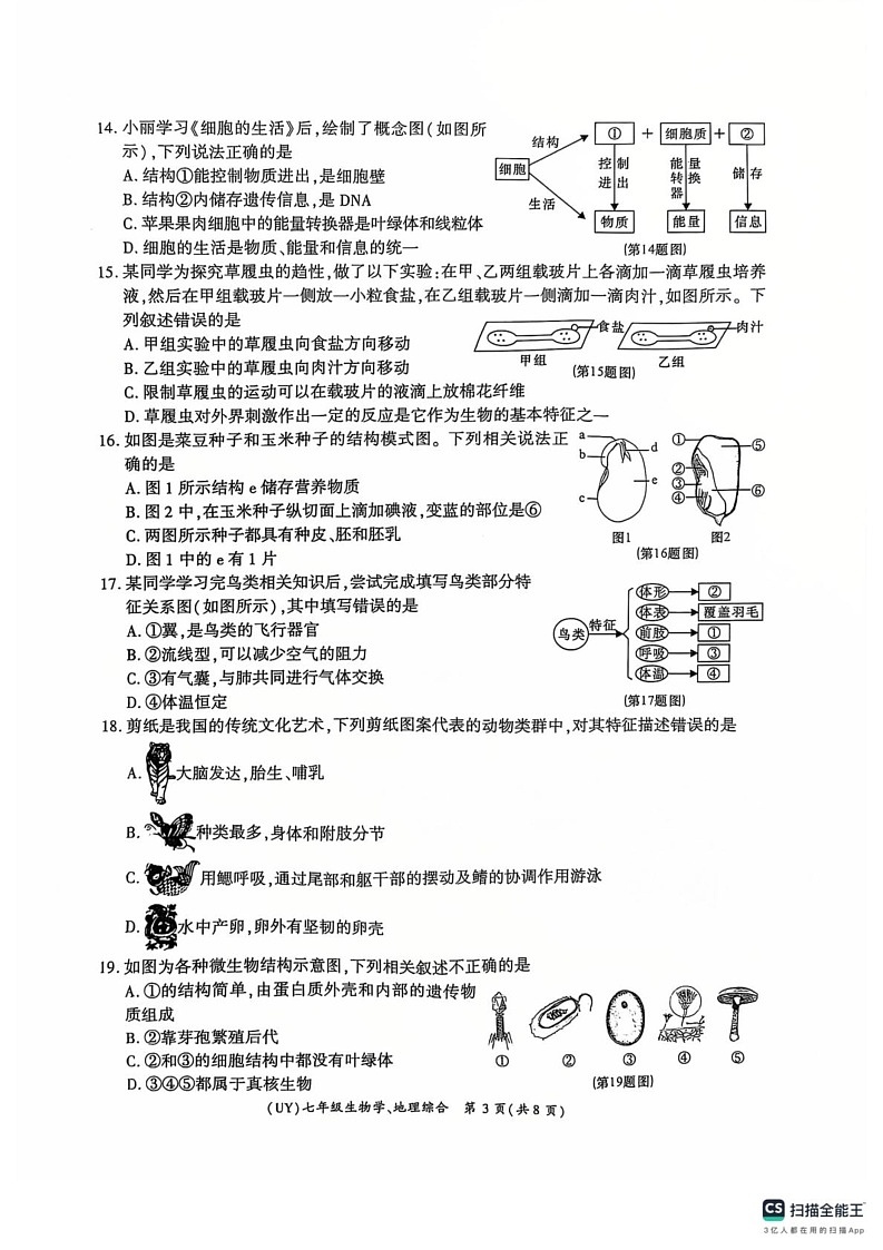 甘肃省陇南市武都区2024-2025学年七年级上学期期末生物试题第3页