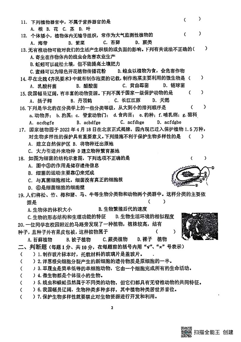 甘肃省张掖市第一中学2024-2025学年七年级上学期1月期末生物试题第2页
