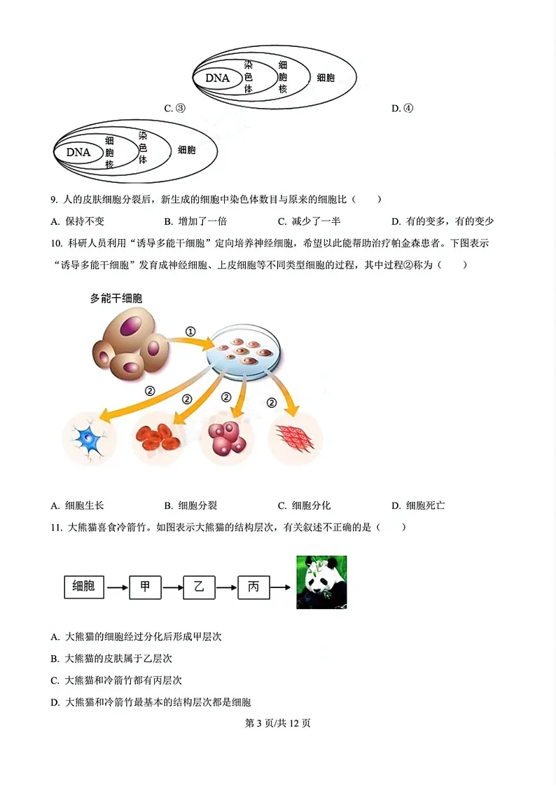 2024-2025学年七年级上学期海珠区生物期末试题（含答案）第3页