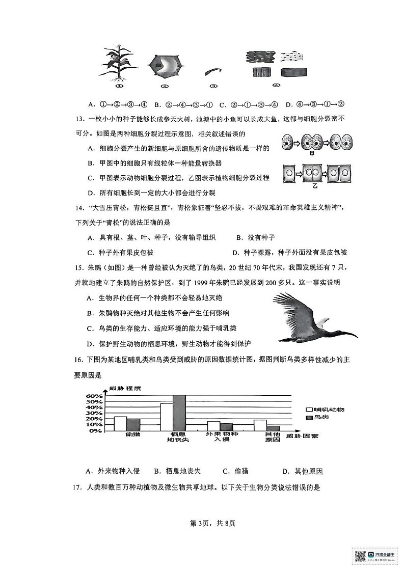 广东省肇庆市高兴去2024-2025学年七年级上学期期末质量检测生物试题第3页