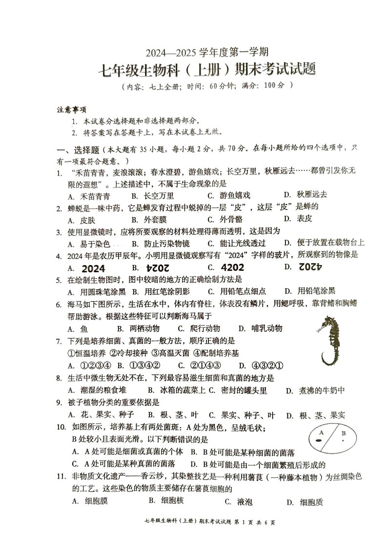 海南省文昌市202-2025学年七年级上学期期末考试生物试题第1页