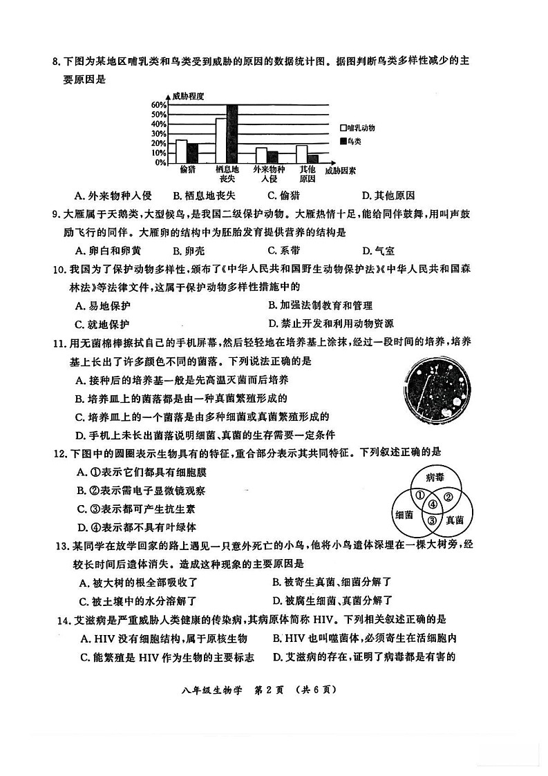 河南省开封市2024-2025学年八年级上学期期末调研检测生物试卷第2页