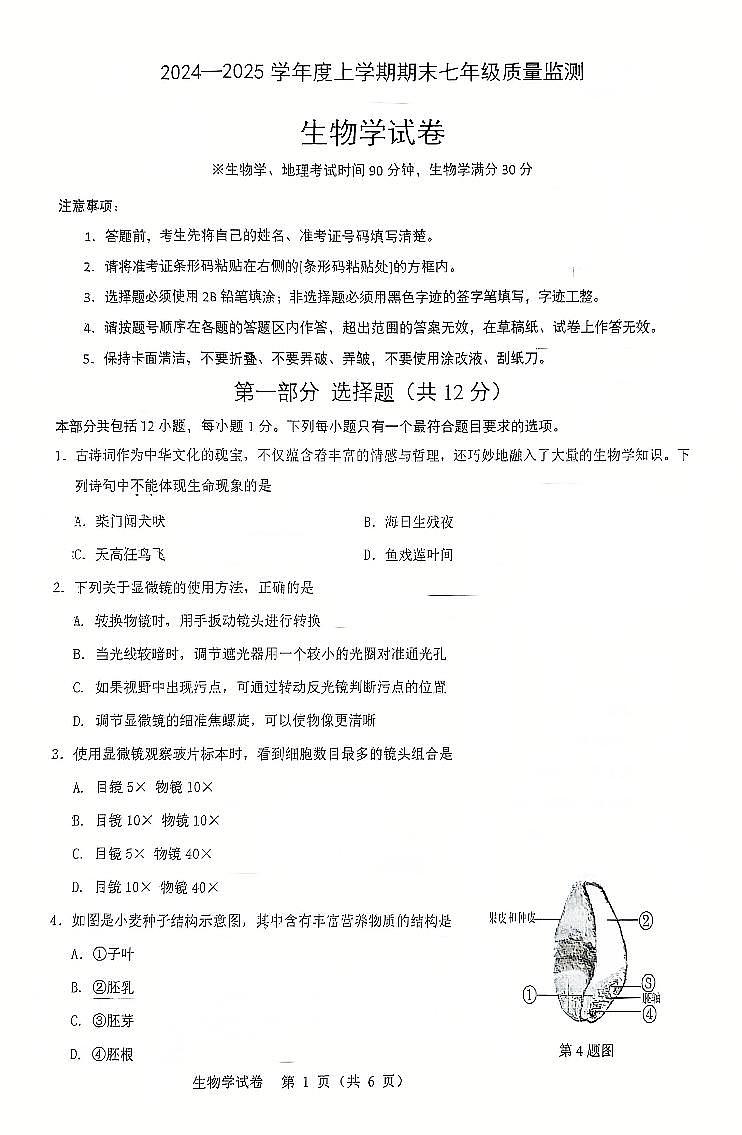 辽宁省营口市2024-2025学年第一学期七年级生物期末试卷（含答案）第1页