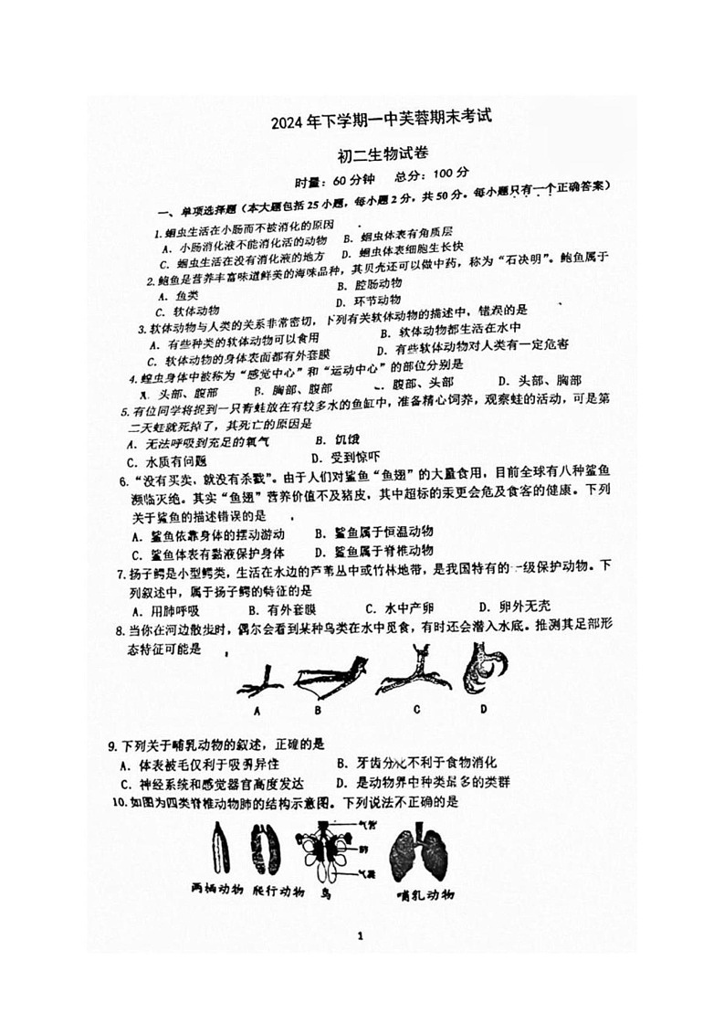 湖南省长沙市一中芙蓉中学2024-2025学年八年级上学期期末考试生物试卷第1页