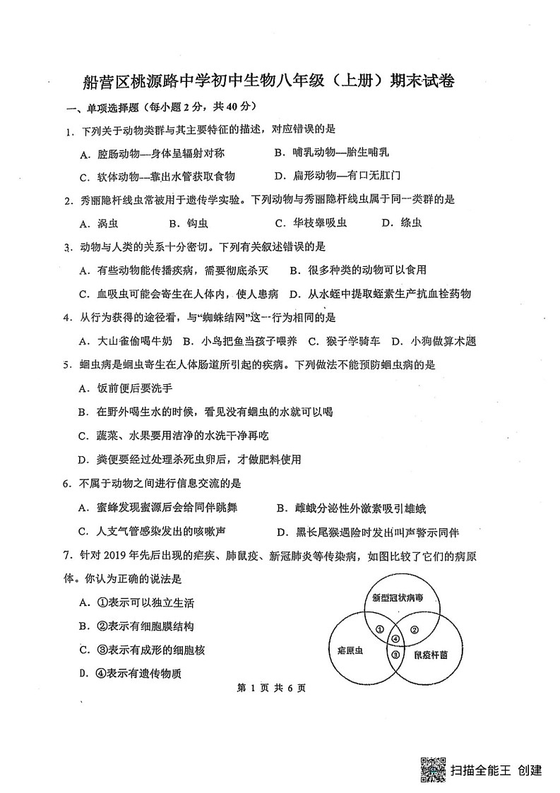 吉林省吉林市船营区2024-2025学年八年级上学期12月期末生物试题第1页