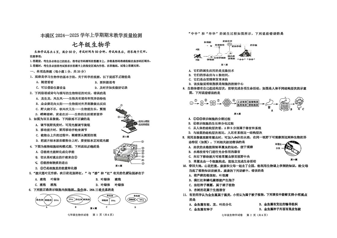 吉林省吉林市丰满区2024-2025学年七年级上学期期末考试生物试卷第1页