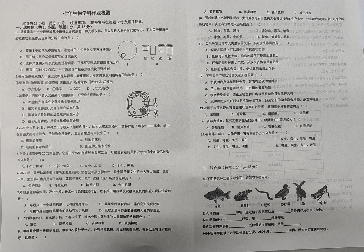 辽宁省鞍山市育才中学教育集团12月2025-2026学年七年级上学期12月月考生物试题第1页