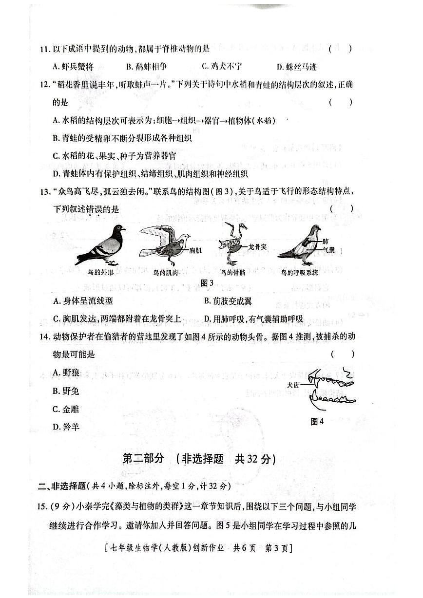 陕西省榆林市2025-2026学年七年级上学期第三次月考生物试题第3页