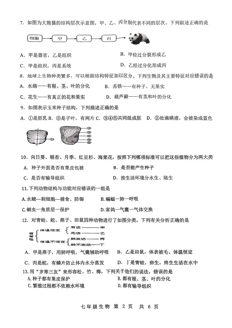 吉林省长春市农安县2024-2025学年七年级上学期12月期末生物试题第2页