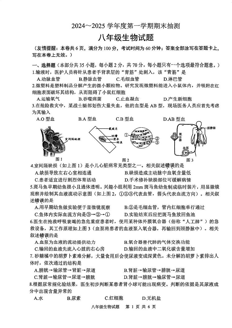 江苏省徐州市2024 _2025学年八年级上学期期末抽测生物试题第1页