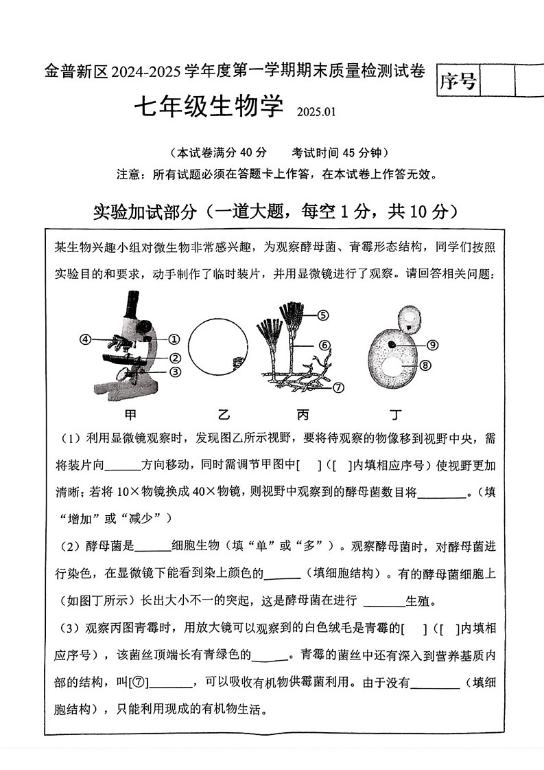 辽宁省大连市金普新区2024-2025学年七年级上学期期末考试生物试题第1页