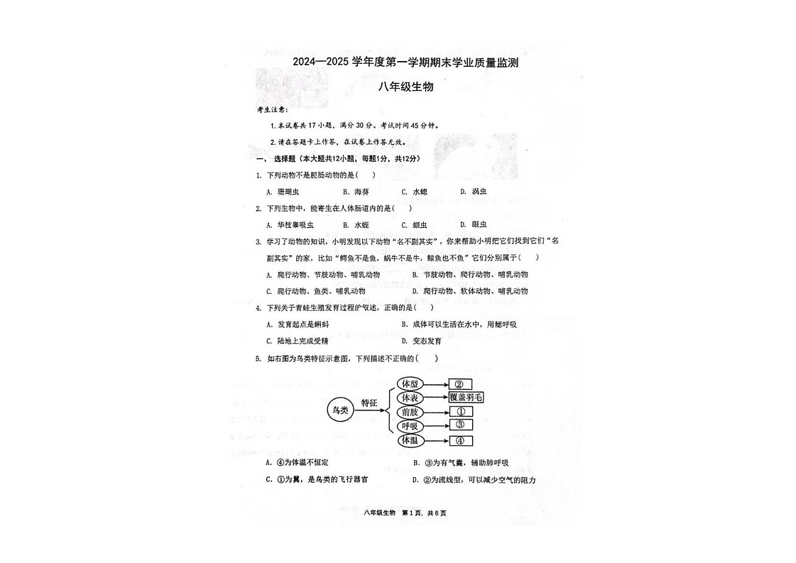 辽宁省大连市瓦房店市2024-2025学年八年级上学期期末考试生物试卷第1页