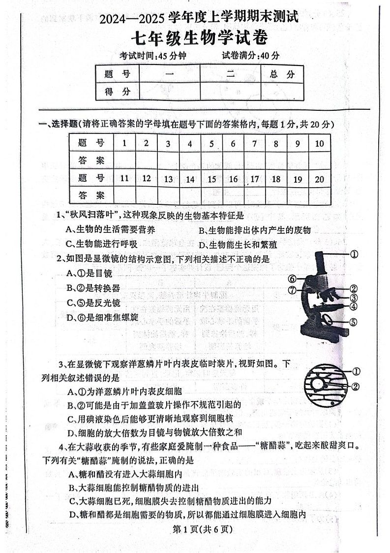 辽宁省丹东市凤城市2024-2025学年七年级上学期1月期末生物试题第1页