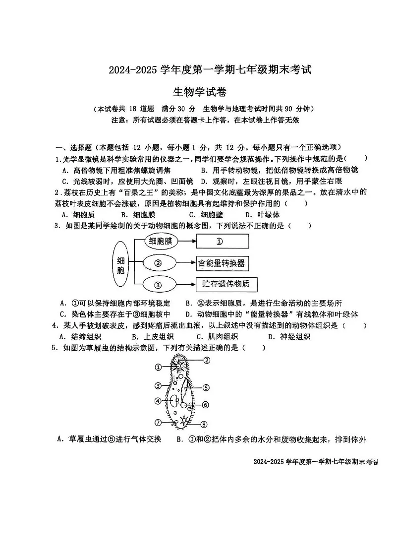 辽宁省沈阳市法库县2024-2025学年七年级上学期期末考试生物试题第1页