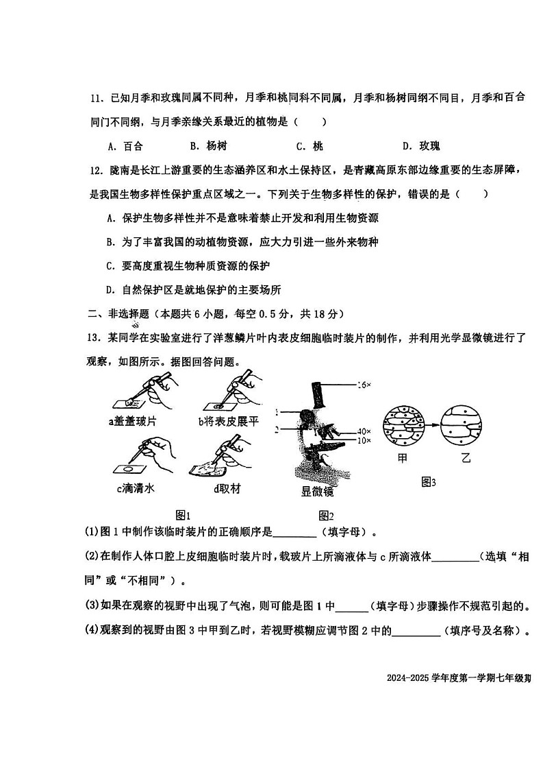 辽宁省沈阳市法库县2024-2025学年七年级上学期期末考试生物试题第3页