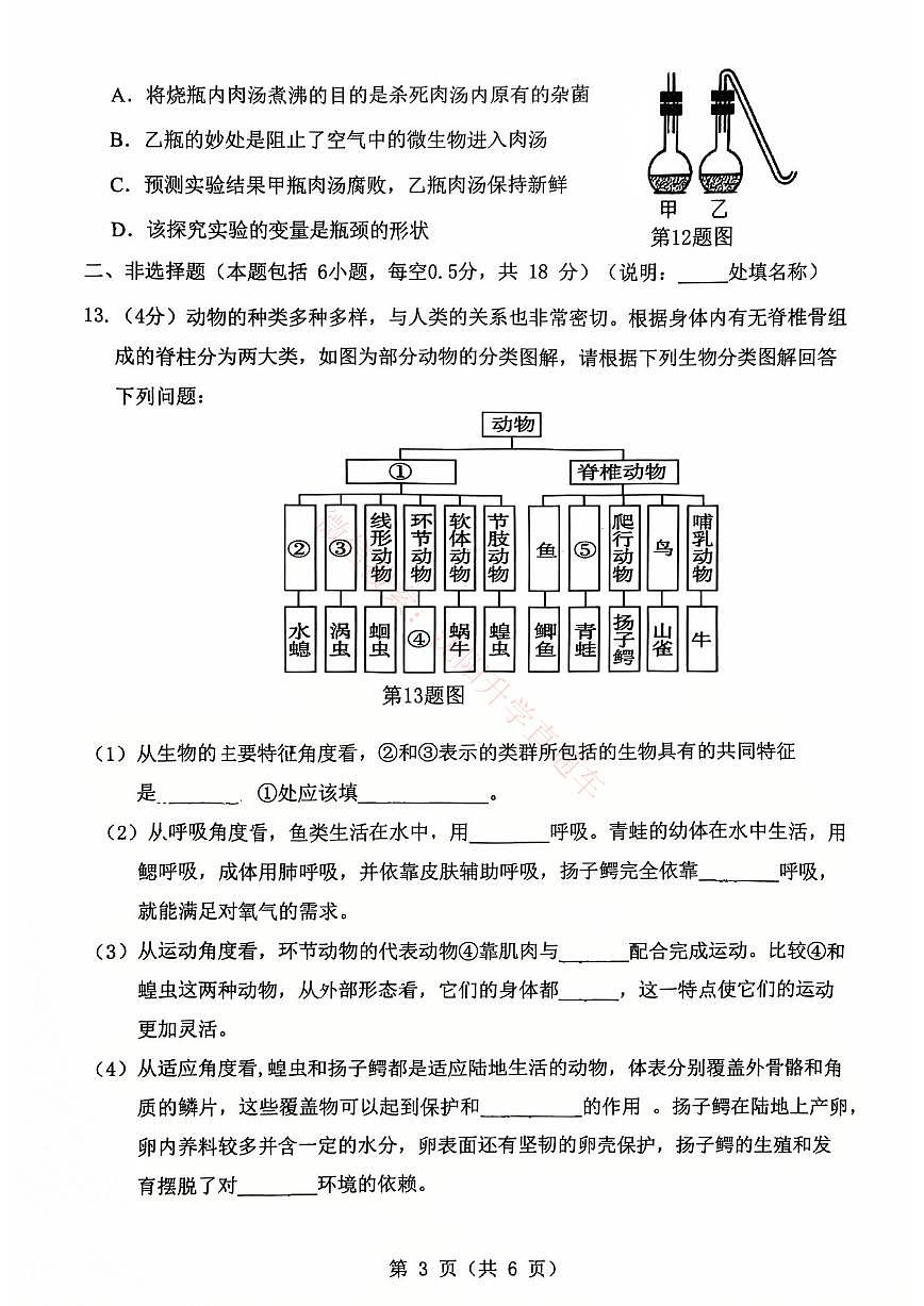 辽宁大连中山区2024-2025八年级上学期期末生物试卷+答案第3页