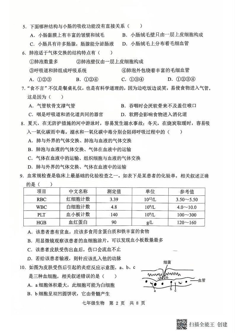 山东省济宁市任城区2024-2025学年七年级上学期期末质量检测生物试题第2页