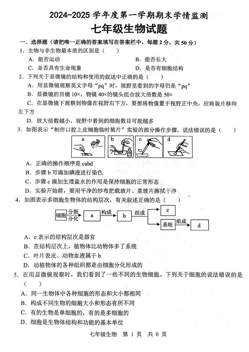 山东省济宁市金乡县2024-2025学年七年级上学期1月期末生物试题第1页