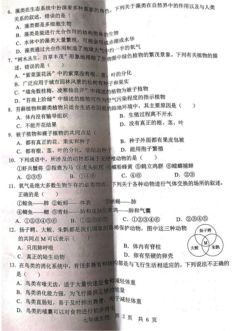山东省济宁市金乡县2024-2025学年七年级上学期1月期末生物试题第2页