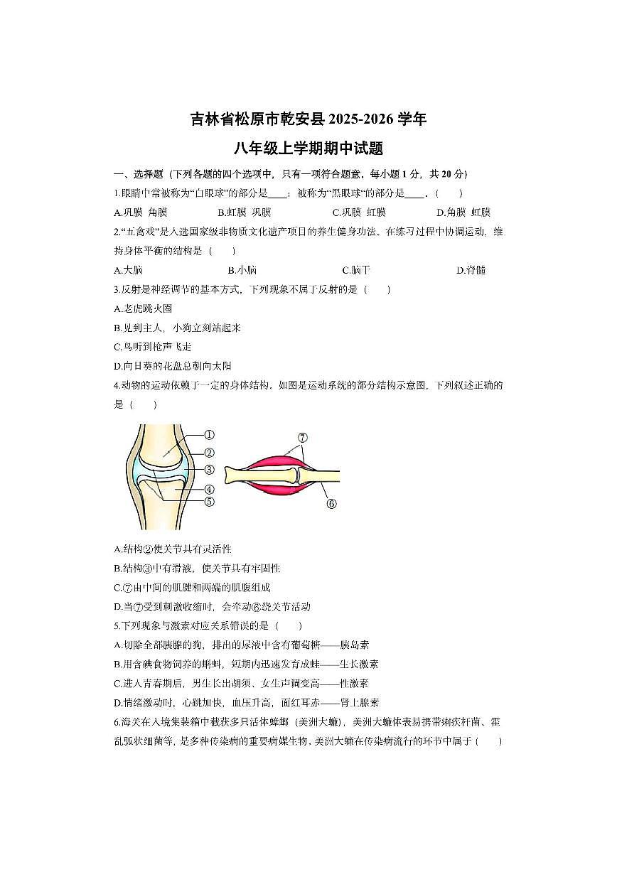 吉林省松原市乾安县2025-2026学年八年级上学期期中生物试卷（学生版）第1页