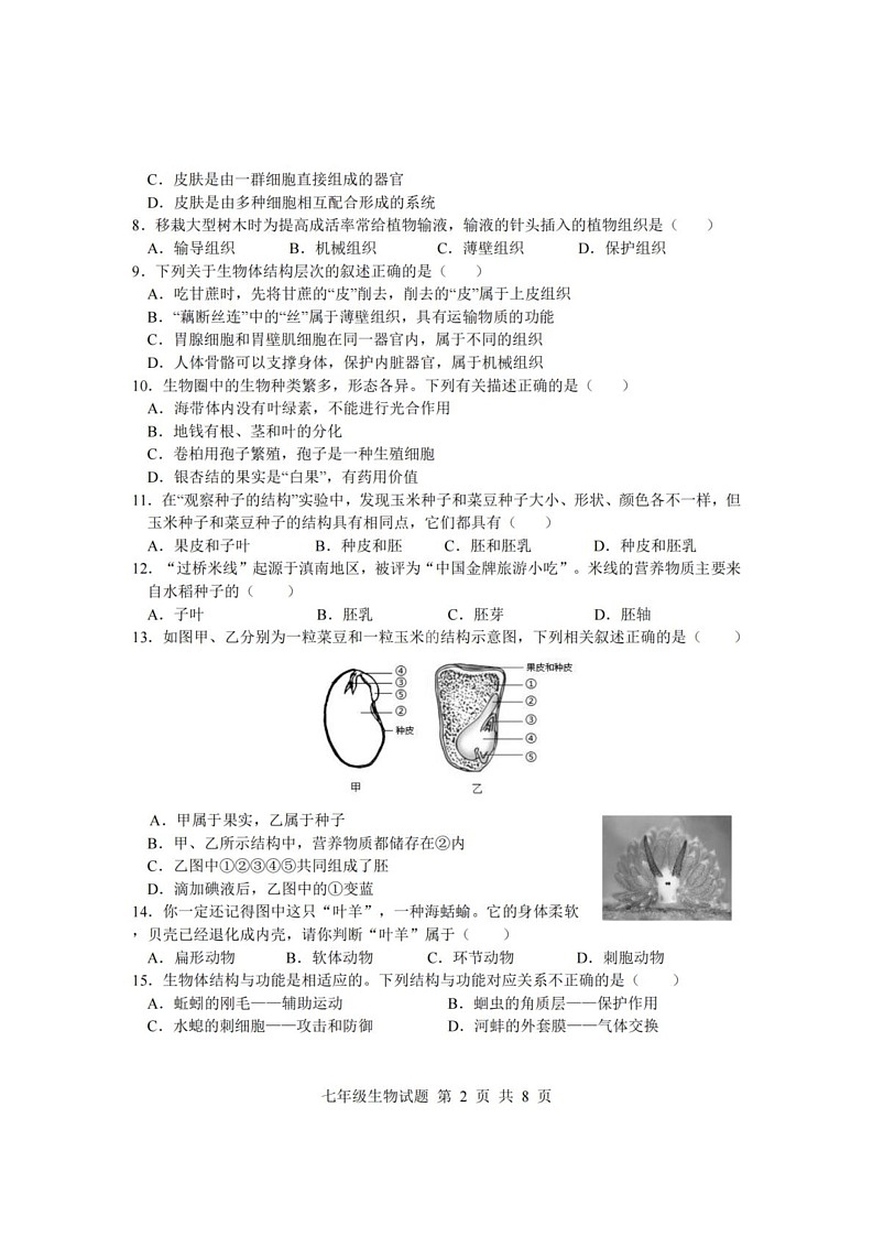 山东省临沂市莒南县2024-2025学年七年级上学期1月期末生物试题第2页
