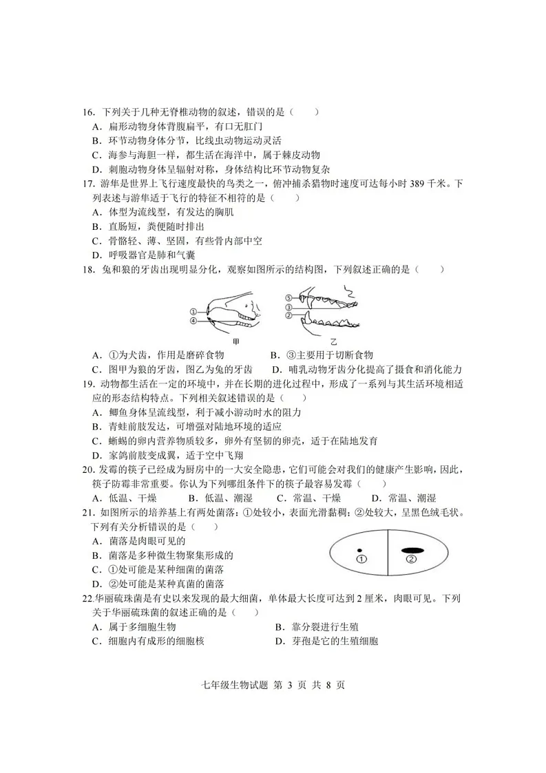 山东省临沂市莒南县2024-2025学年七年级上学期1月期末生物试题第3页