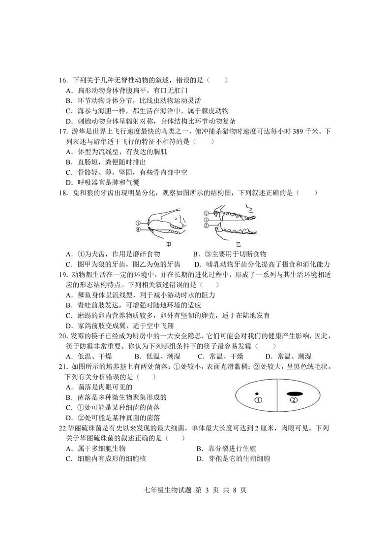 山东省临沂市莒南县2024-2025学年七年级上学期1月期末生物试题第3页