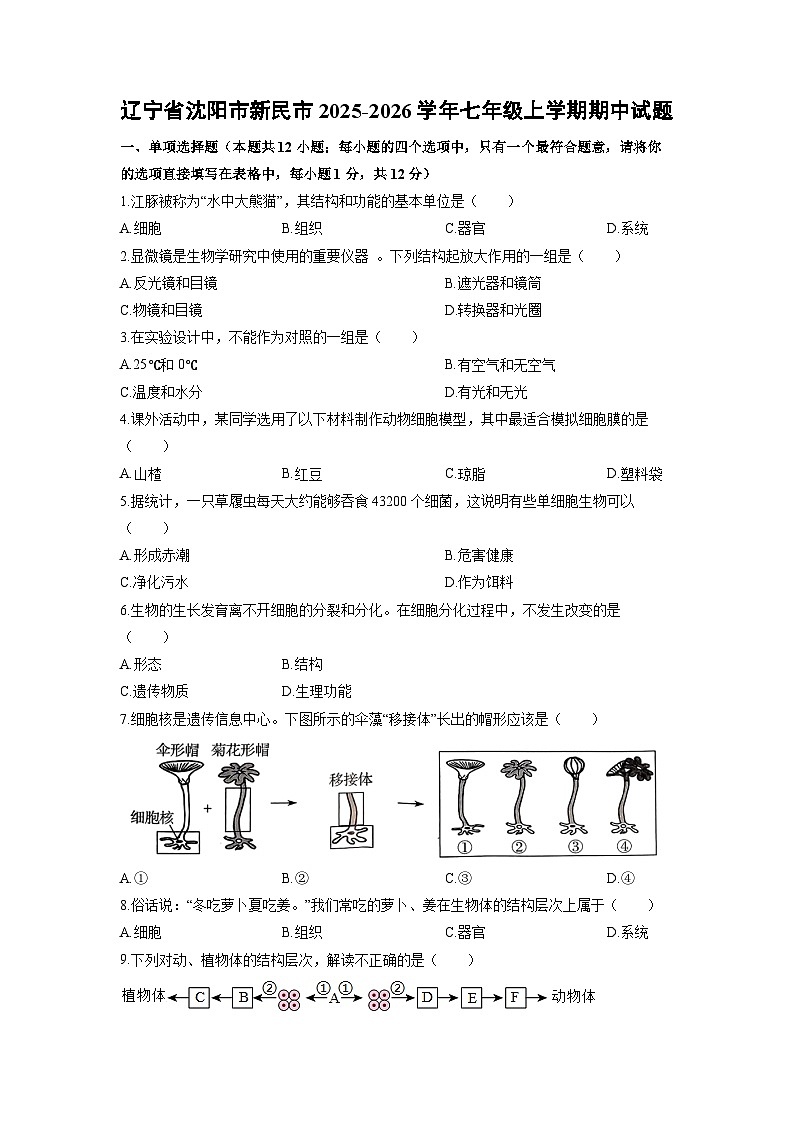 辽宁省沈阳市新民市2025-2026学年七年级上学期期中生物试卷（学生版）第1页