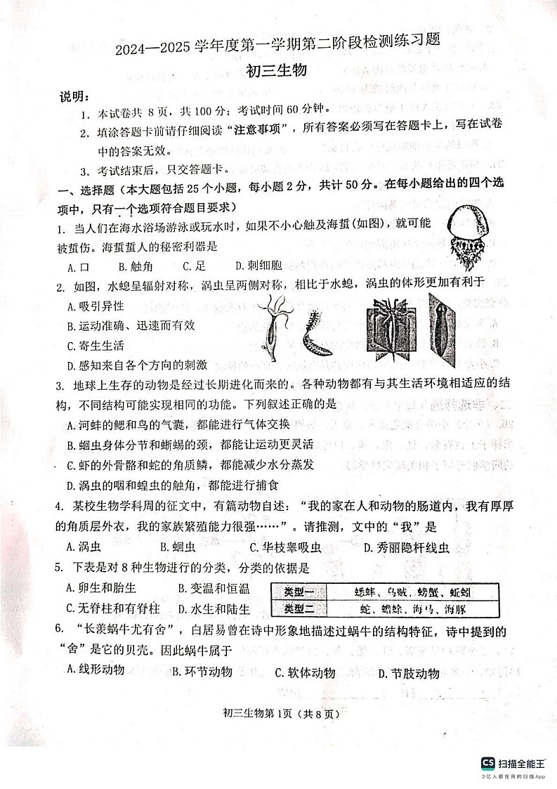 山东省烟台市莱山区（五四制）2024-2025学年八年级上学期期末考试生物试题第1页