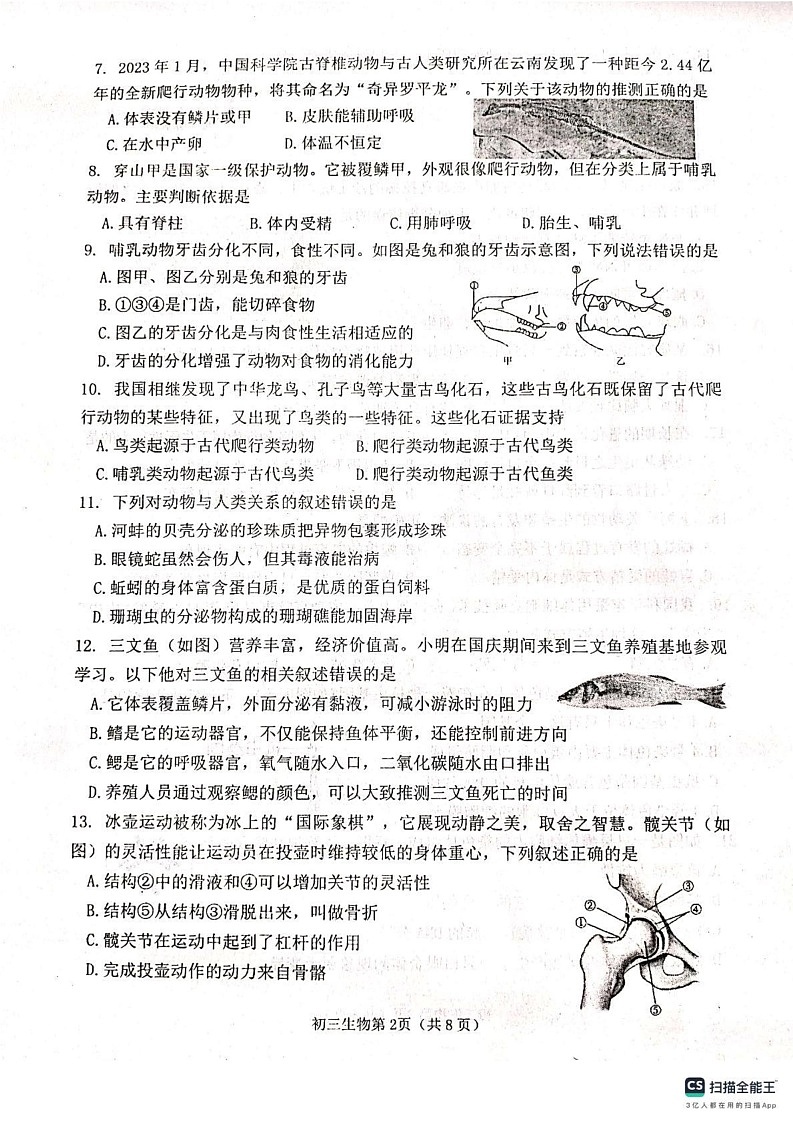 山东省烟台市莱山区（五四制）2024-2025学年八年级上学期期末考试生物试题第2页
