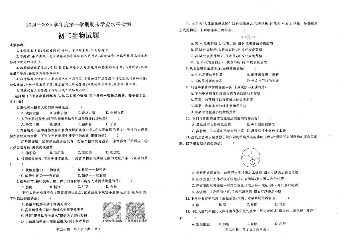 山东省烟台市莱州市2024-2025学年七年级上学期1月期末生物试题第1页