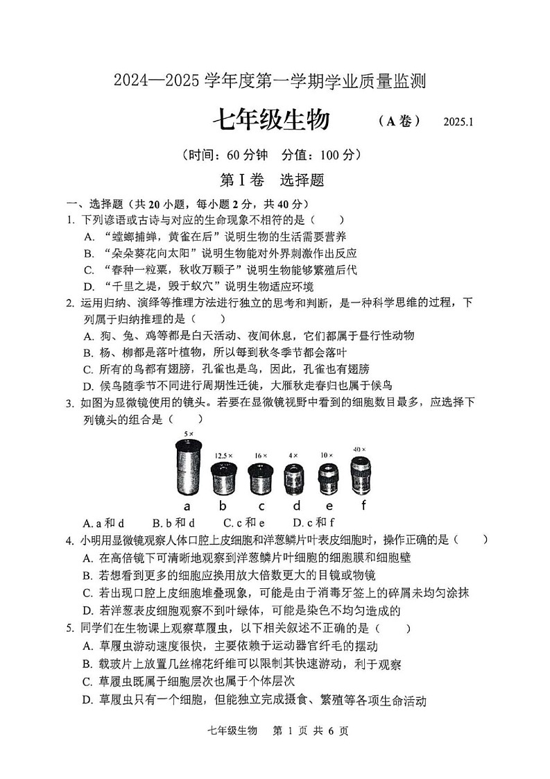 山东省枣庄市山亭区2024-2025学年七年级上学期期末检测生物试卷第1页