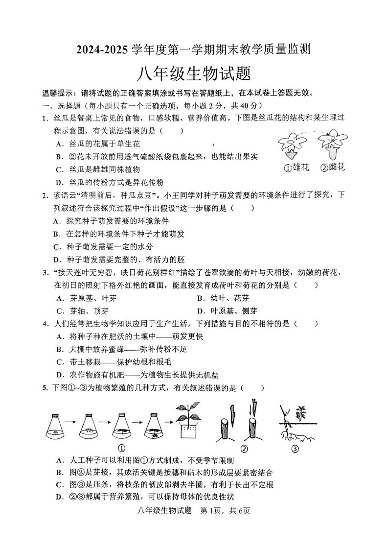 山东省枣庄市市中区2024-2025学年八年级上学期期末生物试题第1页