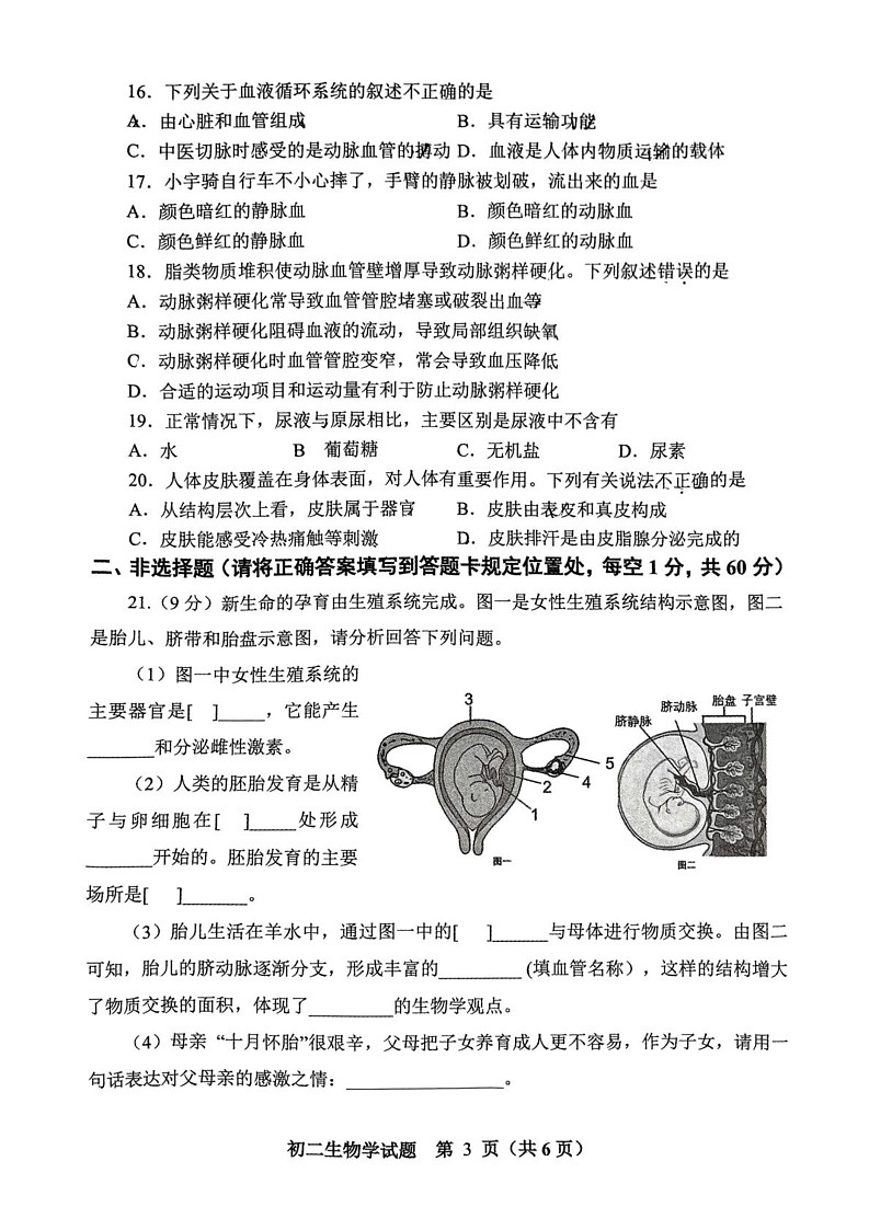 山东省淄博市张店区2024-2025学年七年级上学期1月期末考试生物试题第3页