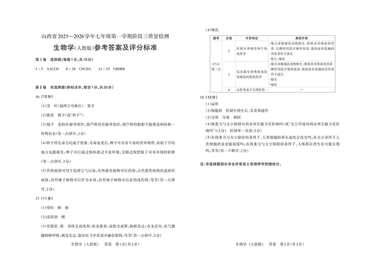 七年级生物（人教版）·答案第1页