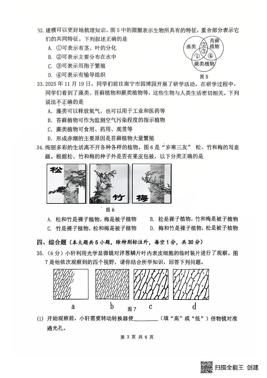 广西南宁市第三十七中学2025-2026学年七年级上学期12月月考生物试卷第3页