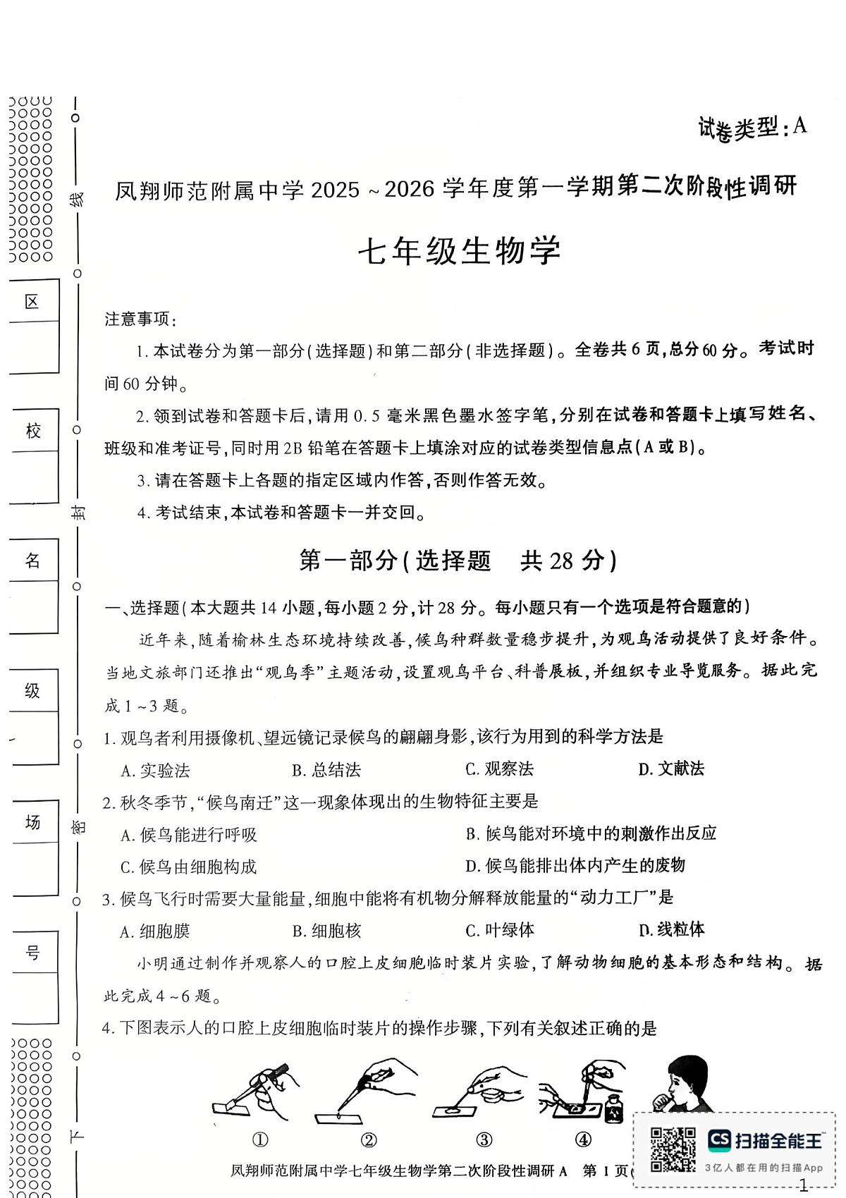 陕西省宝鸡市凤翔师范附属中学2025-2026学年七年级上学期第二次月考生物试题第1页