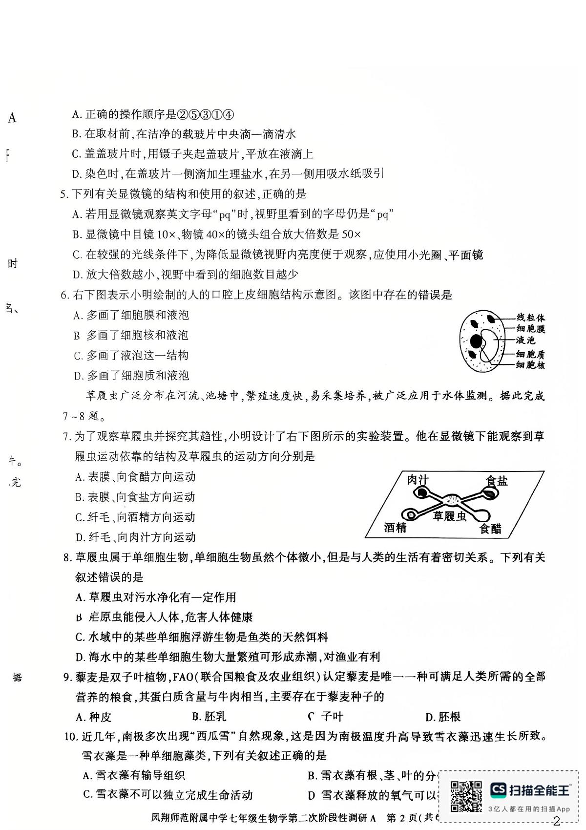 陕西省宝鸡市凤翔师范附属中学2025-2026学年七年级上学期第二次月考生物试题第2页