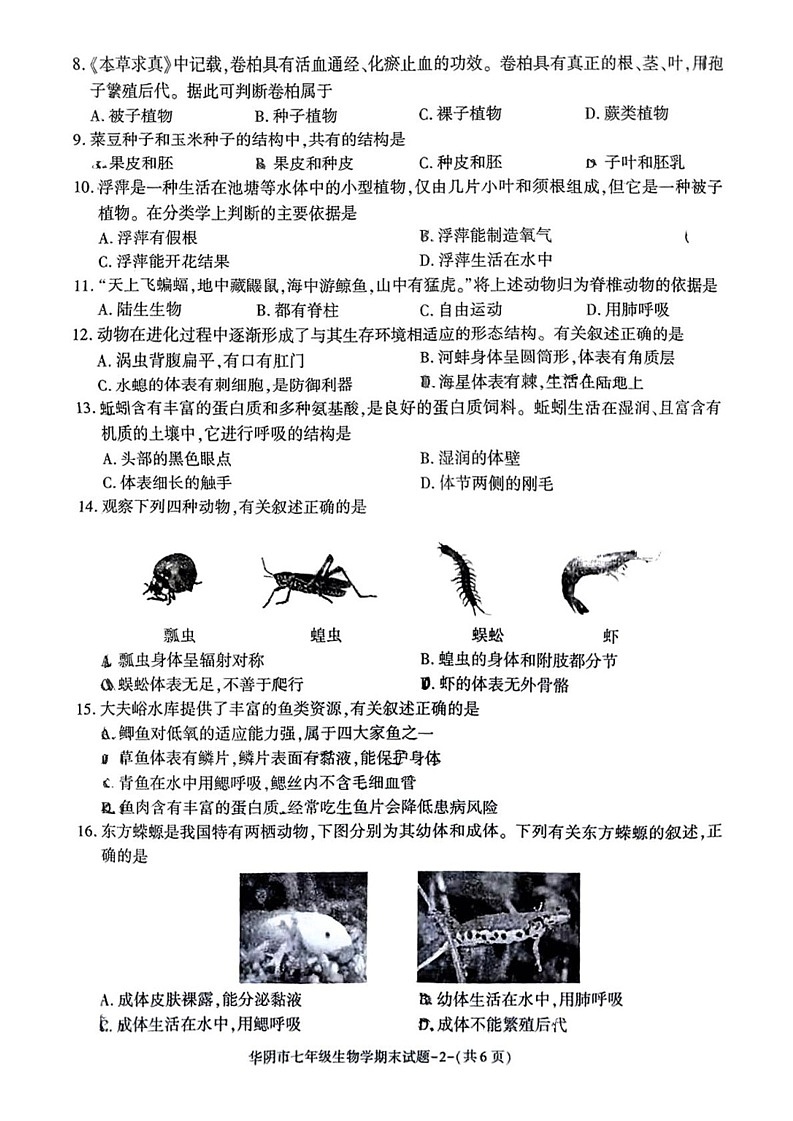 陕西省华阴市2024-2025学年七年级上学期期末测试生物试卷第2页
